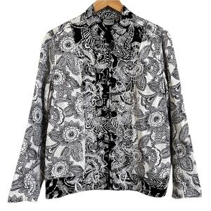 Chico’s Lagenlook Floral Jacket Black & White Botanical Asian Design 1 Medium